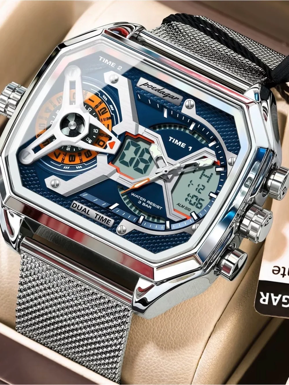 Luxury Dual Time Square Watch – Waterproof & Chronograph Mesh Strap Wristwatch